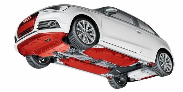 Аэродинамические щитки на днище (выделены красным) призваны улучшать аэродинамику, но коэффициент лобового сопротивления ничуть не лучше, чем у Polo: Cx=0,32