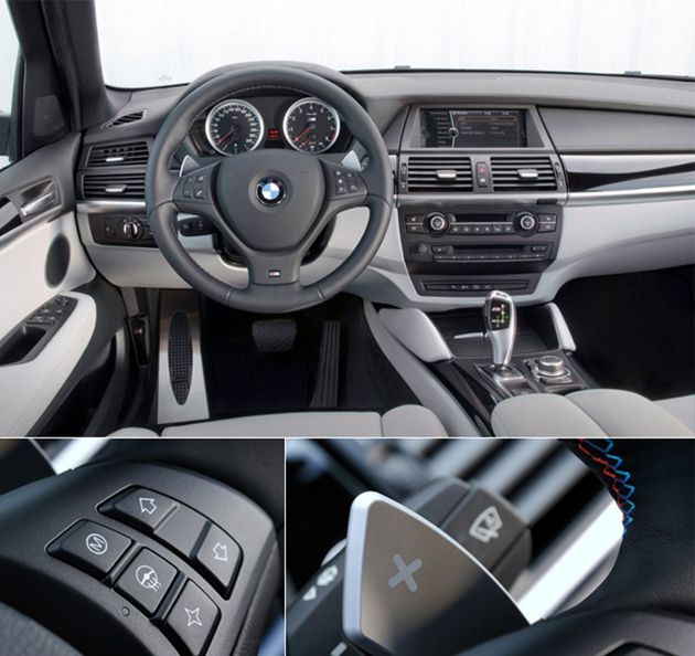 Салон BMW X5 M практически ничем не отличается от "гражданской" модели. Добротный, но по-американски жесткий пластик салона, приятная на ощупь кожа и стандартный блок навигационной системы. Та самая "М-кнопка". Нажимать с осторожностью! В отличие от базовых моделей, X5 M оснащен нормальными подрулевыми переключателями КПП - левое "ушко" понижает ступень, а правое - повышает. Сейчас BMW постепенно переходит на такую схему и на других автомобилях