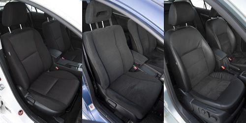 Шкодовским сиденьям на фото (справа) можно только позавидовать. Удобная форма, хорошие настройки, умеренная жёсткость — утолят прихоти любого. А вот у соперников не всё так радужно. Выраженная форма сиденья Хонды (по центру) легко сдаётся под натиском даже не очень тяжёлого пассажира — идеально проминаясь под него. Но как ни странно, даже после длительного пребывания в них — спина, да и тело, чувствует себя отлично. Чего не скажешь про твёрдые «сидушки» Мазды. Верная анатомическая форма, конечно, спасёт от сколиоза, но после нескольких часов за рулём спина начинает ныть и требует разминки. А хорошая боковая поддержка подойдёт только для рослых — валики расставлены очень широко