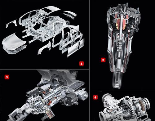Для изготовления кузовных деталей новой A8 используется 13 различных алюминиевых сплавов. А вот центральная стойка сделана из стали и крепится к алюминиевым панелям при помощи болтов и клея. Пневмостойки Sachs для нового седана были модернизированы. Они получили более объемные пневмокамеры и перенастроенные амортизаторы с регулируемой жесткостью. Настройками подвески по шине CAN управляет единый блок. Активное рулевое управление - опция. Электромеханический редуктор, расположенный прямо на рулевом валу (внизу, рядом с рейкой) может увеличивать передаточное число рулевого управления (16,1:1) вдвое! Кроме того, редуктор помогает системе стабилизации удерживать машину на траектории при помощи микроскопических подруливаний, незаметных водителю. Активный задний дифференциал входит в список базового оборудования только на самом тяжелом седане с дизельной "восьмеркой", для остальных версий это опция. При помощи пакета мокрых фрикционов дифференциал может увеличить скорость вращения внешнего колеса, задействовав повышающую передачу, и довернуть автомобиль в повороте