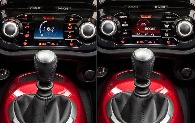 На фотографии слева нижний ЖК-экран на центральной консоли переведен в режим индикации настроек климат-контроля. Для этого нужно всего лишь нажать кнопку "Climate", расположенную над экраном. Справа есть еще одна кнопка - "D-Mode". Если нажать ее, то экран переходит под управление системы Nissan Dynamic Control (фотография справа). Обратите внимание, что надписи на клавишах справа и слева от экрана при переключении из одного режима в другой тоже изменяются, открывая доступ к новым функциям. И это не сенсрная технология - просто у клавиш гаснут одни буквы и пиктограммы, а на их месте загораются другие