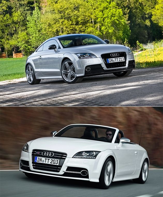 Обновленные купе и родстеры TTS (на фото внизу) отличаются от версии S line другой решеткой радиатора с двойными горизонтальными хромированными полосками (вместо вертикальных) и новой окантовкой противотуманных фар